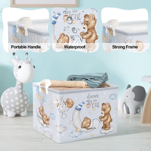 Clastyle Sleeping Bear Balloons Boy Shelf Basket Clouds Stars Moon Baby Shower Basket for Kids Room Blue Rectangle Clothes Toys Cube Storage Basket