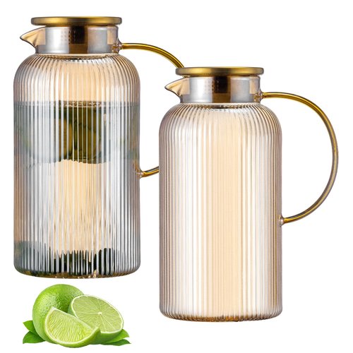 Buaic Glass Pitcher with Lid, 2 PACK 84 oz/ 2.5 Liter Amber Classic Vertical Stripes Water Pitcher,Glass Water Carafe for Cold Brew, Coffee, Lemonade, Iced Sun Tea,Beverage, Milk, Heat Resistant