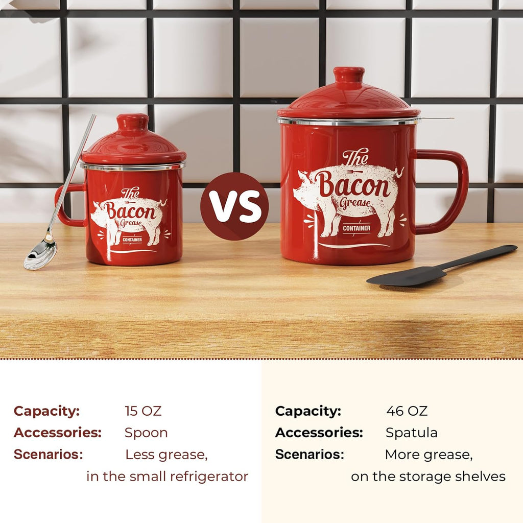 PGYARD Mini Bacon Grease Container - 15oz Enamel Strainer for Kitchen Fat Storage | Dishwasher Safe - Red