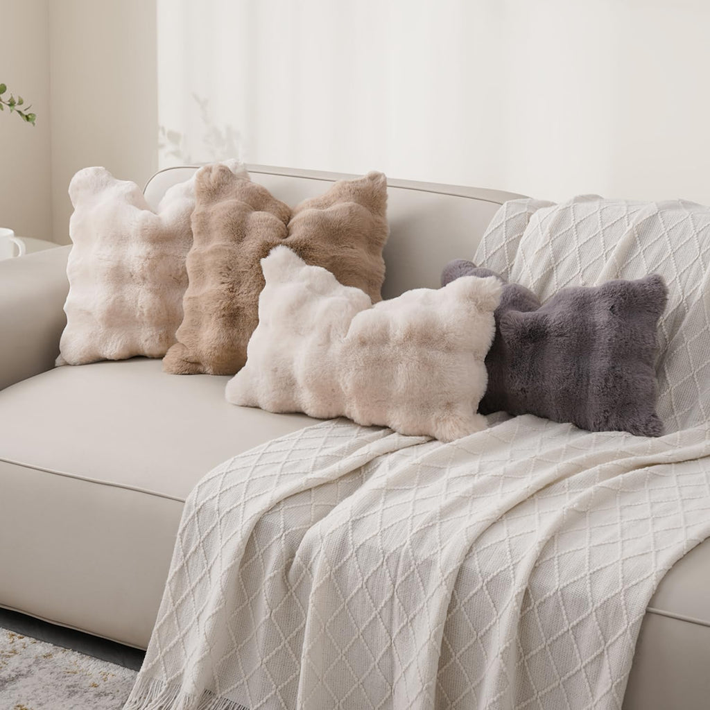 SOMAHE Set of 2 Throw Pillow Covers 18x18 Decorative Pillow Covers for Couch Faux Fur Soft Cozy Pillowcase Sofa Fluffy Plush Pillow Cases Cream White