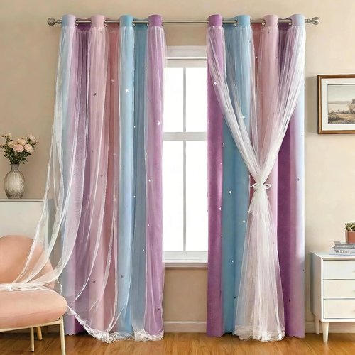 SENEETO 2 Panels Rainbow Curtains for Girls Bedroom, Star Darkening Curtains for Kids Girls Room, Unicorn Princess Window Decor, Privacy Protection and Insulation (Pink Purple Blue, W52 X L84)