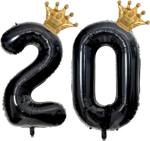 20th Birthday Foil Balloon - 40 Inch Large Black Number 20 with Gold Crown | Mylar Helium Balloon for Boys & Girls