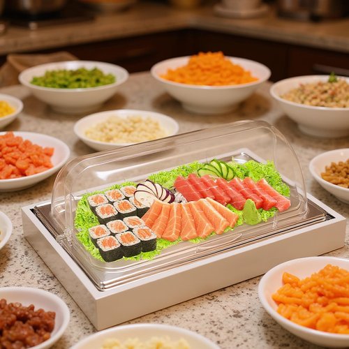 Uiifan Salad Bar Buffet Station for Home, Ice Food Serving Display Tray with Clear Roll Top Cover, Cold Food Buffet Server Trays with Clamps Spoons Ice Box for Restaurant Kitchen Party(Classic)
