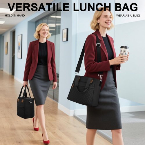 Insulated Lunch Box for Women & Men - Large Thermal Lunch Bag Women with Removable Shoulder Strap, Reusable Lunch Cooler Tote Bags Purse for Adults Work, Picnic, Hiking, Beach, Travel, Medium，Black