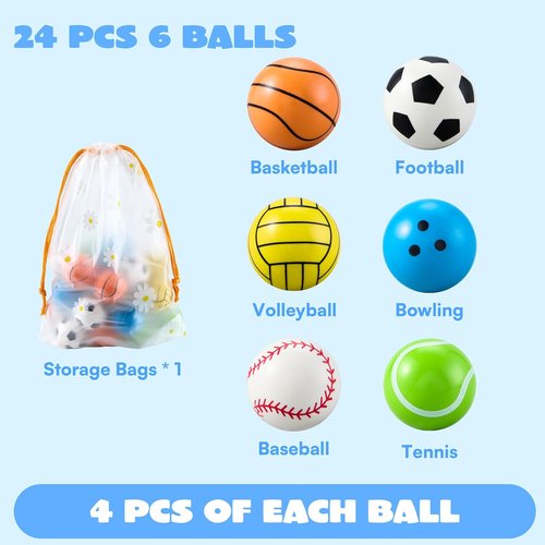 JOYIN 24 Pcs Multi-Sports Bouncy Balls - Fun 32mm Party Favors for Kids 4-8 | Includes Storage Bag