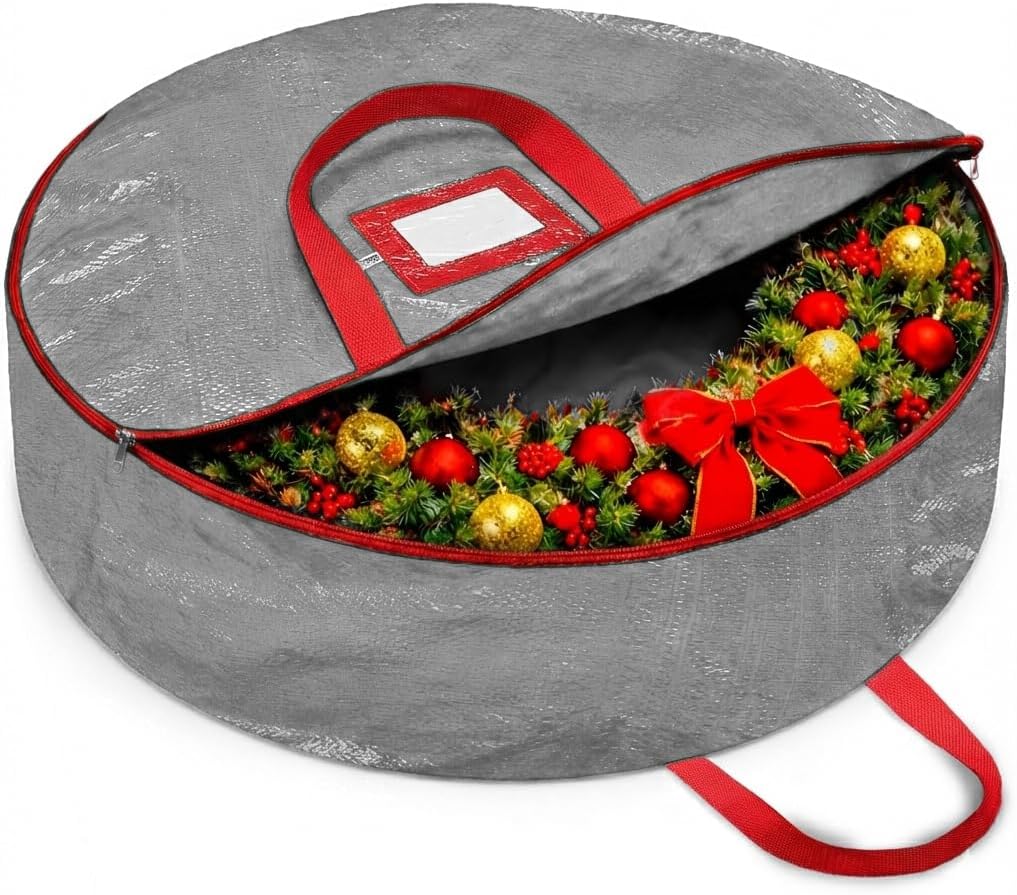 ZOBER Wreath Storage Bag - 30 Inch Dual Zippered Container for Artificial Wreaths - Durable Gray Design