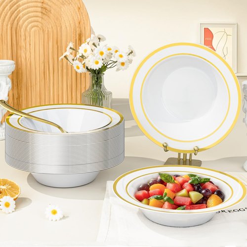 BESTVIP 200 Pack Plastic Bowls with Gold Rim, 12 Oz Disposable Bowls Disposable Bowls for Parties, Wedding, Christmas, Soak Proof Bowls for Breakfast, Lunch, and Dinner Meals