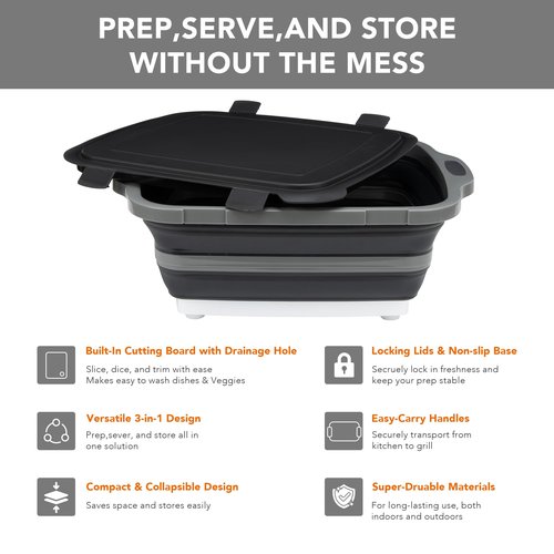 Collapsible Cutting Board(2.11 Gal/8L), BBQ Prep Tub with Locking Lid, Foldable Camping Sink with Colander, Multifunction Dish Basin for Kitchen, Bowl, Vegetable and Fruit, Storage Basket for Picnic