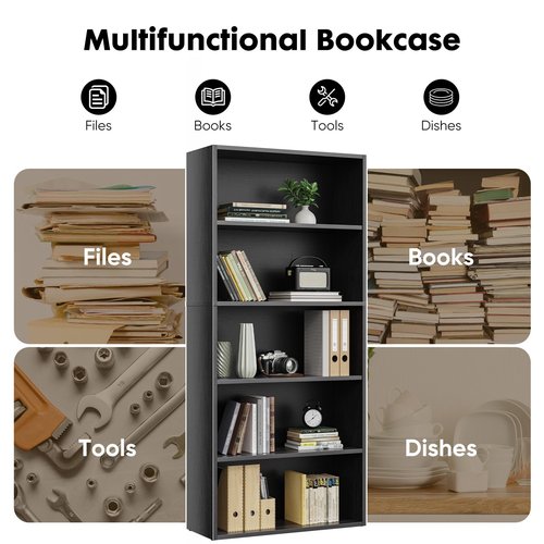 Sweetcrispy Industrial 5 Shelf Bookcase - Large 53 Inch Tall Floor Standing Open Bookshelf with Anti-Tipping Device for Home Office, Living Room, and Bedroom Storage, Black