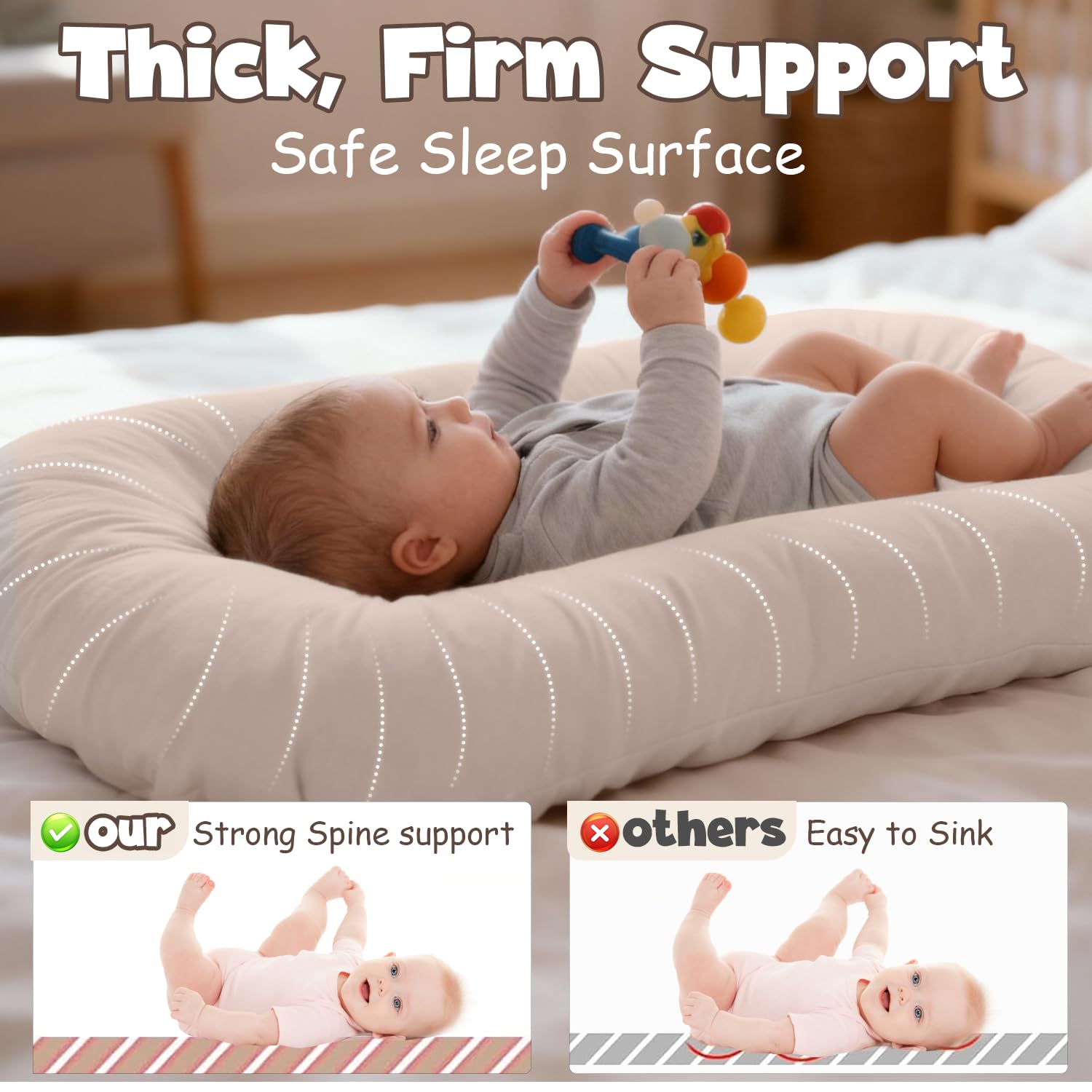 Skiennix Extra Large Baby Lounger - Pure Cotton Infant Nest with Thick Support & Removable Cover | Portable for Daily Care & Gifts