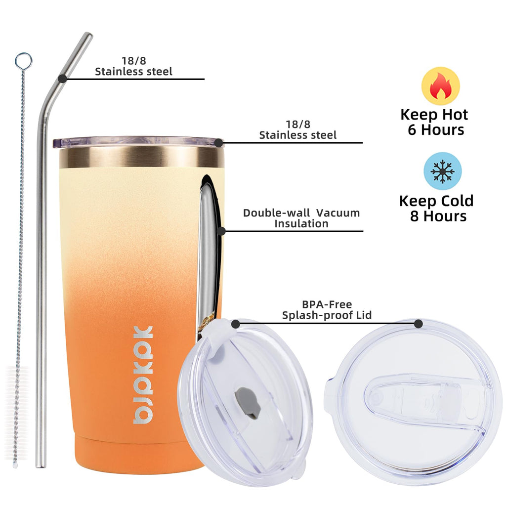 BJPKPK Tumbler with Lid and Straw, 20 oz Stainless Steel Vacuum Insulated Color Block Tumblers, Double Wall Ice Coffee Thermal Cup Travel Mug,Coral