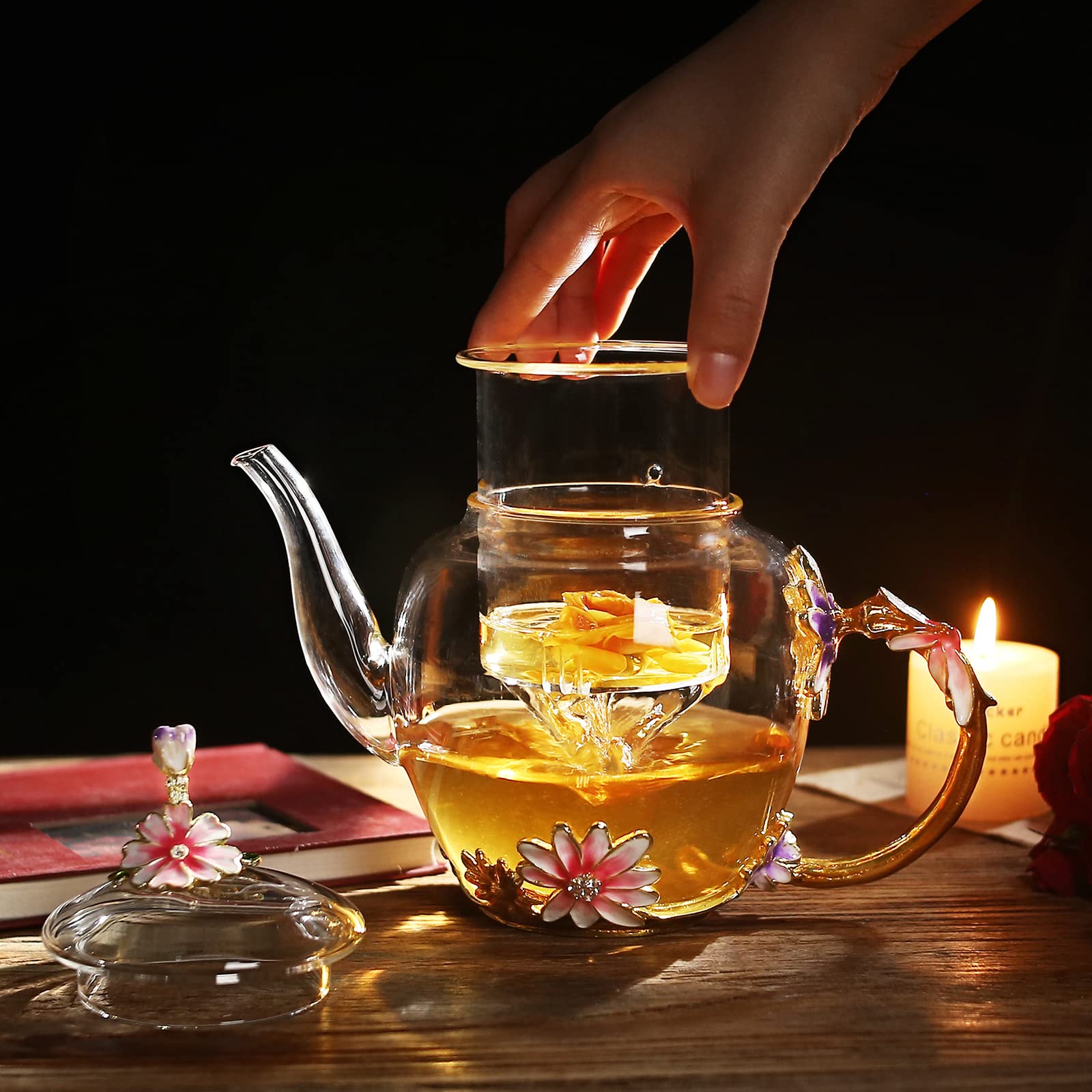 Luka Tech 35OZ Enamel Glass Flower Teapot With Removable Loose Tea Leaf Infuser Tea Maker,Gifts For Women,Mom,Mothers Day,Christmas,Birthday,Valentines Day