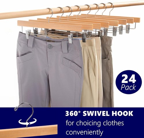 Amber Home Wooden Pants Hangers - 24 Pack Natural Wood Clips for Jeans, Slacks & Shorts