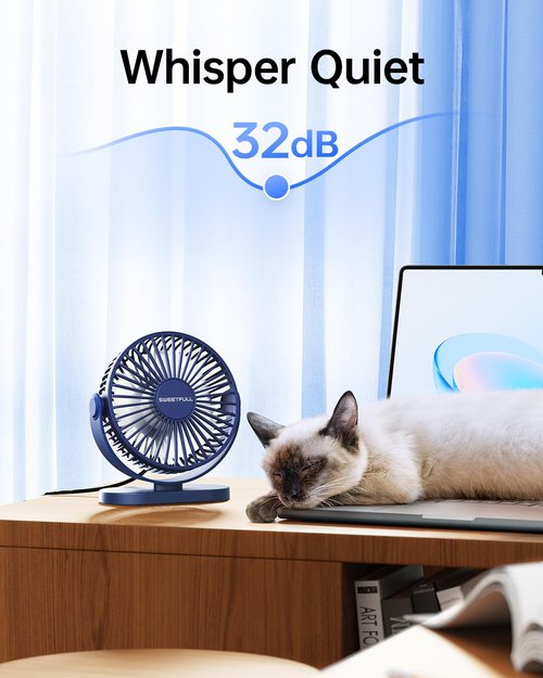 SWEETFULL USB Desk Fan Small Quiet - 3 Speeds Mini Personal Portable Fan 360° Rotation Adjustable, 5.5 Inch Office Table Cooling Gadgets on Desktop (Blue)