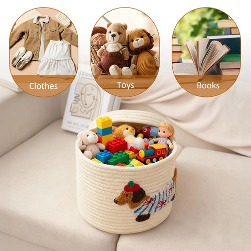 Cute Dog Cotton Rope Storage Basket with Lid, 10"×10"×9" Woven Storage Bin, Large Capacity Dustproof Toy Organizer, Decorative Laundry Hamper for Living Room, Nursery, Kids Room (Small)