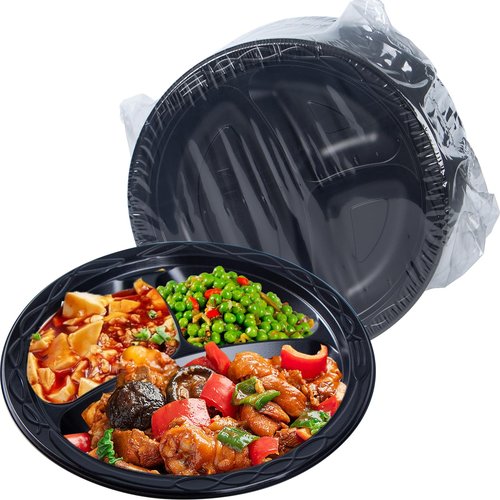 EKOSAVOR Plastic Plates 10" 150 Pack - Shrink Wrapped BPA Free Mineral Filled PP | Microwave & Dishwasher Safe | Heavy Duty Non permeable Party Plate | Black Commercial 3 Compartment Disposable Trays