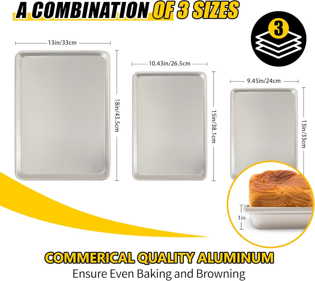 Umite Chef Baking Sheet Pan Set - Commercial Quality Aluminum Cookie Sheets | Warp Resistant, 3 Sizes