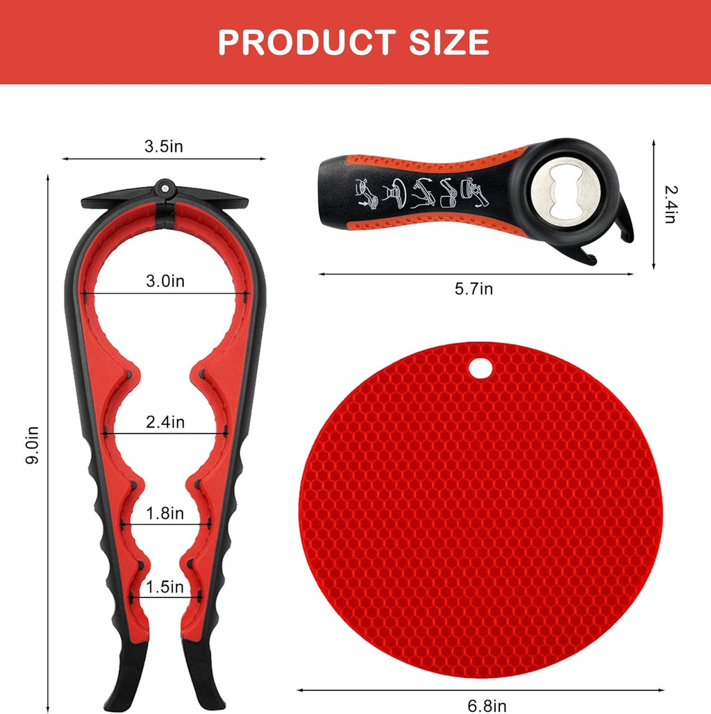 Skiennix Jar Opener - 5-in-1 Multi-Function Tool for Weak Hands & Arthritis - Non-Slip Grip Pad (Red)