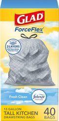 Glad ForceFlex Tall Kitchen Trash Bags - 13 Gallon, Gain Fresh Clean Scent, 40 Count
