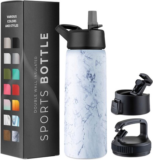 Triple-Insulated Stainless Steel Water Bottles with Straw, 25 Oz Reusable Insulated Water Bottles with 3 Lids, Metal Water Bottle for Travel, School, Sports, Gym/Men, Women & Kids (Marble White)