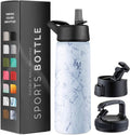 Triple-Insulated Stainless Steel Water Bottles with Straw, 25 Oz Reusable Insulated Water Bottles with 3 Lids, Metal Water Bottle for Travel, School, Sports, Gym/Men, Women & Kids (Marble White)