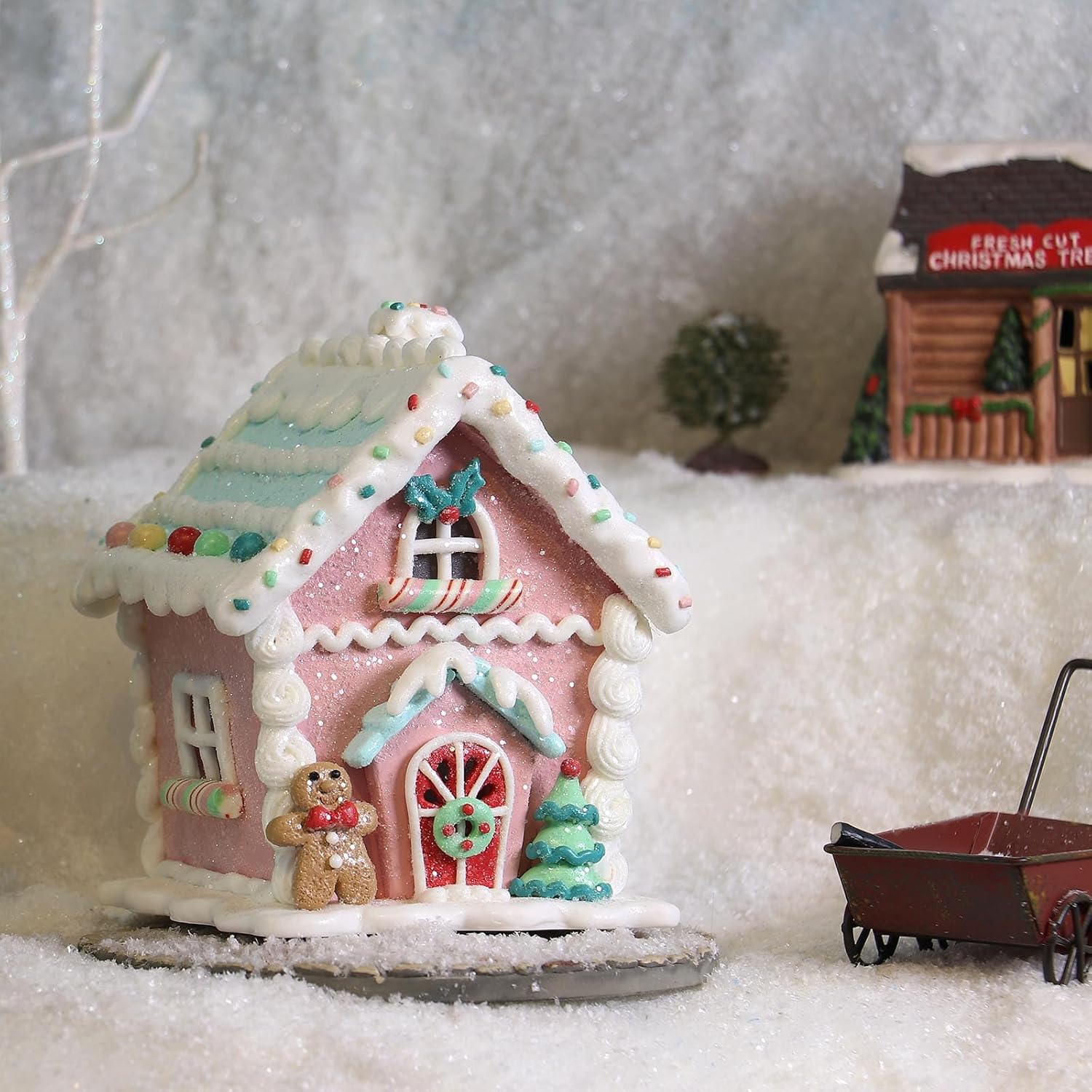 Regine Switzerland LED Gingerbread House Christmas Decorations - 5.9" Ornaments with Cookie & Pine Tree