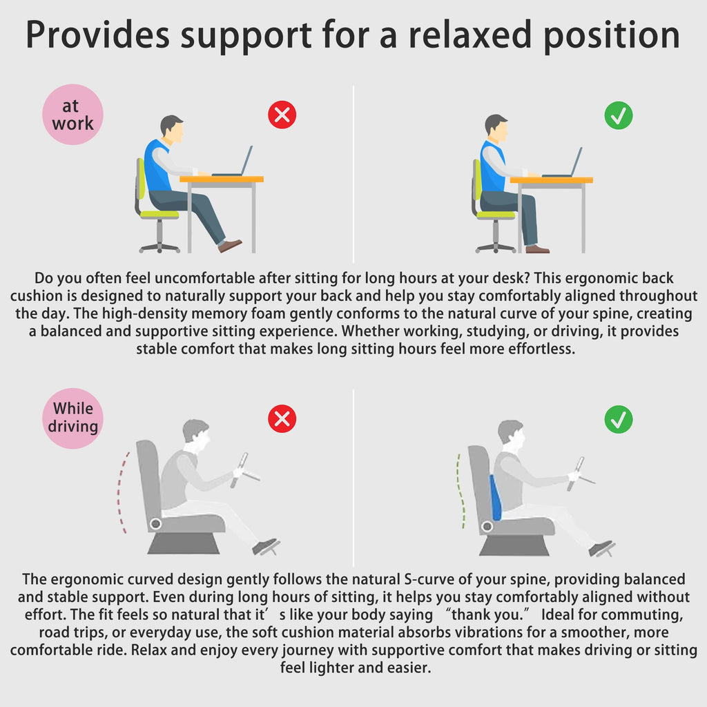Rechteckig Lumbar Support Pillow for Office Chair, Office Home Must Haves, Back Support for Car, Back Cushion, Back Support Pillow for Chair, Height Adjustable, Dynamic Tracking of Back Movement