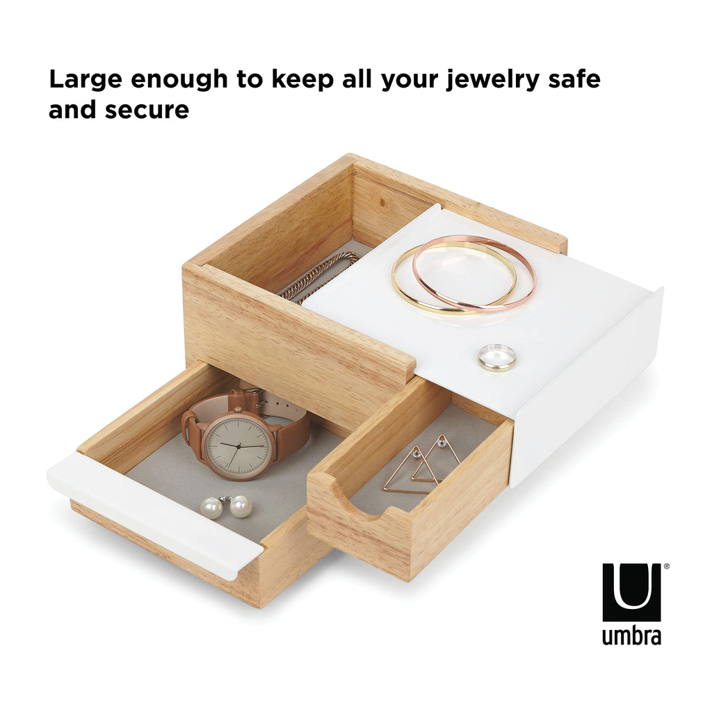 Umbra Mini Stowit Jewelry Box - Modern Keepsake Storage Organizer with Hidden Compartment Drawers for Ring, Bracelet, Watch, Necklace, Earrings, and Accessories (White/Natural)