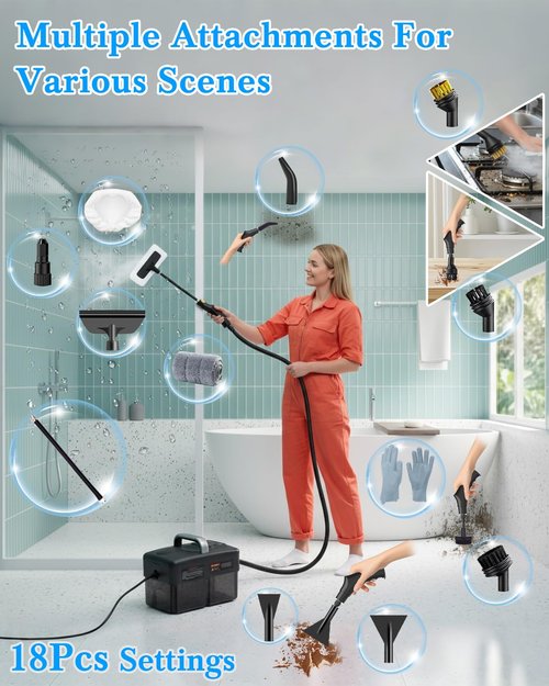 Mecmic Steam Cleaner for Home - 1600ML Water Tank 15s Heat-Up Portable Steamer for Cleaning, 6 Level Adjustable, 2500W, 45PSI, 250°F Steam, Handheld Steam Cleaner for Car Detailing, Grease, Tile,Grout