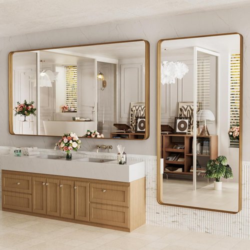 LOAAO Bathroom Mirror - 72x36 Inch Rounded Rectangle with Wood Grain Metal Frame | Anti-Rust, Versatile Hanging Options