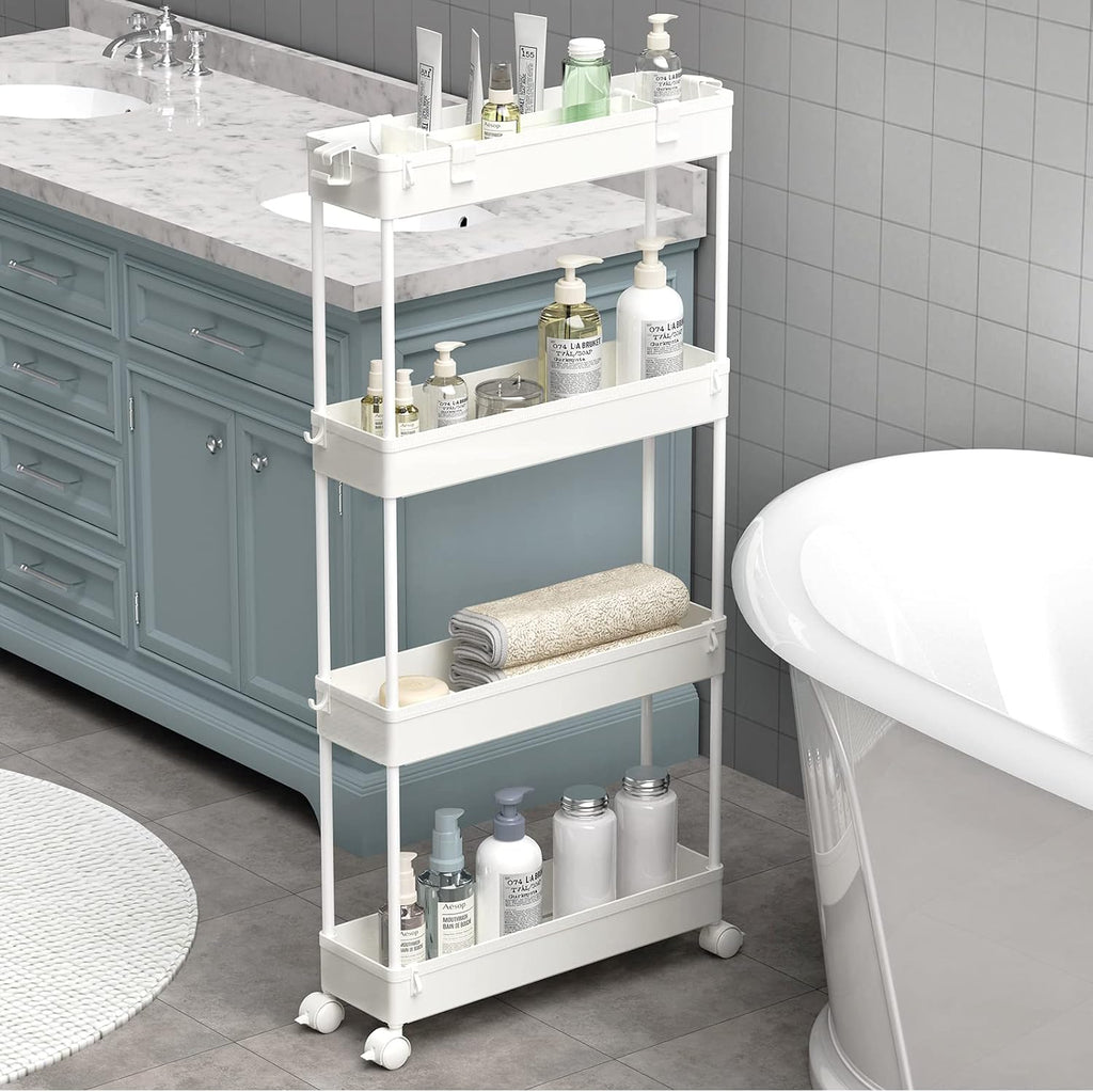 SPACELEAD Slim Storage Cart - 4-Tier Rolling Utility Organizer for Bathroom, Kitchen & Office - White