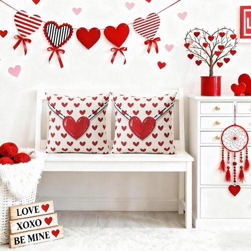OTOSTAR Valentine's Day Throw Pillow Covers 18x18 Inch Set of 2, Red Hearts Envelope Anniversary Wedding Decorative Pillow Cases Winter Holiday Cushion Covers for Sofa Couch