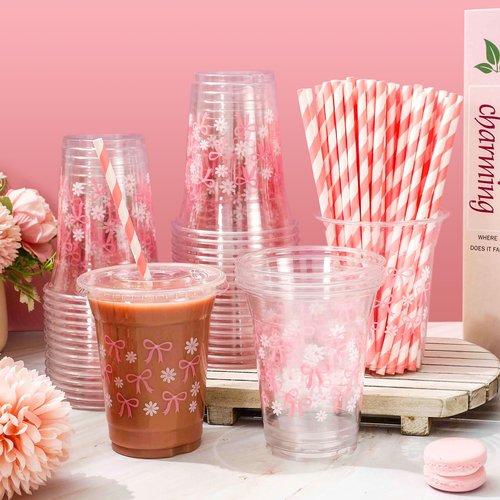 JarThenaAMCS 50 Pcs Pink Bow Plastic Cups with Lids and Straws 12 oz Pink Bow Daisy Clear Plastic Cups Disposable Cups for Mother's Day Birthday Wedding Party Supplies