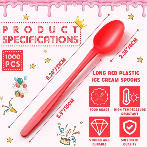 Potchen 1000 Pcs Extra Long Spoons for Ice Cream Floats Plastic Sundae Spoons Bulk 8 Inch Long Handle Spoon Heavy Duty for Ice Cream Milkshakes Tea Cocktails Root Beer Float and Tall Beverages (Red)