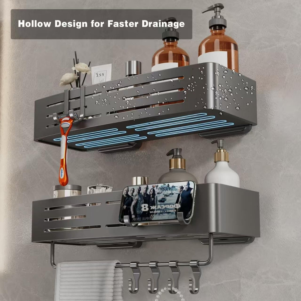Voldra Shower Caddy - No-Drill Suction Cup Organizer with Towel Bar & Hooks | 2 Pack Gray Shelves