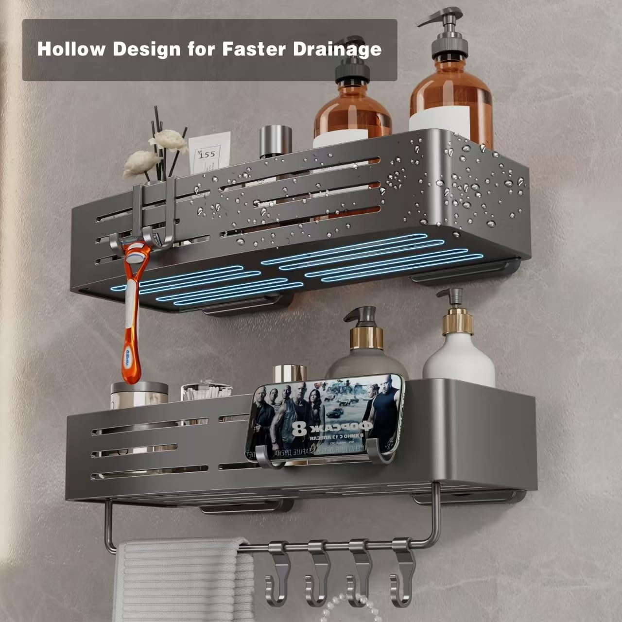 Voldra Shower Caddy - No-Drill Suction Cup Organizer with Towel Bar & Hooks | 2 Pack Gray Shelves