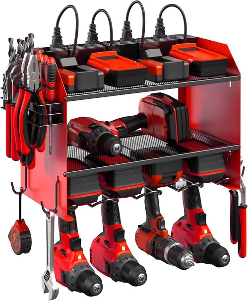 CCCEI Modular Power Tool Organizer - Wall Mount Charging Station & Heavy Duty Storage Shelf | Red, 1 Pack