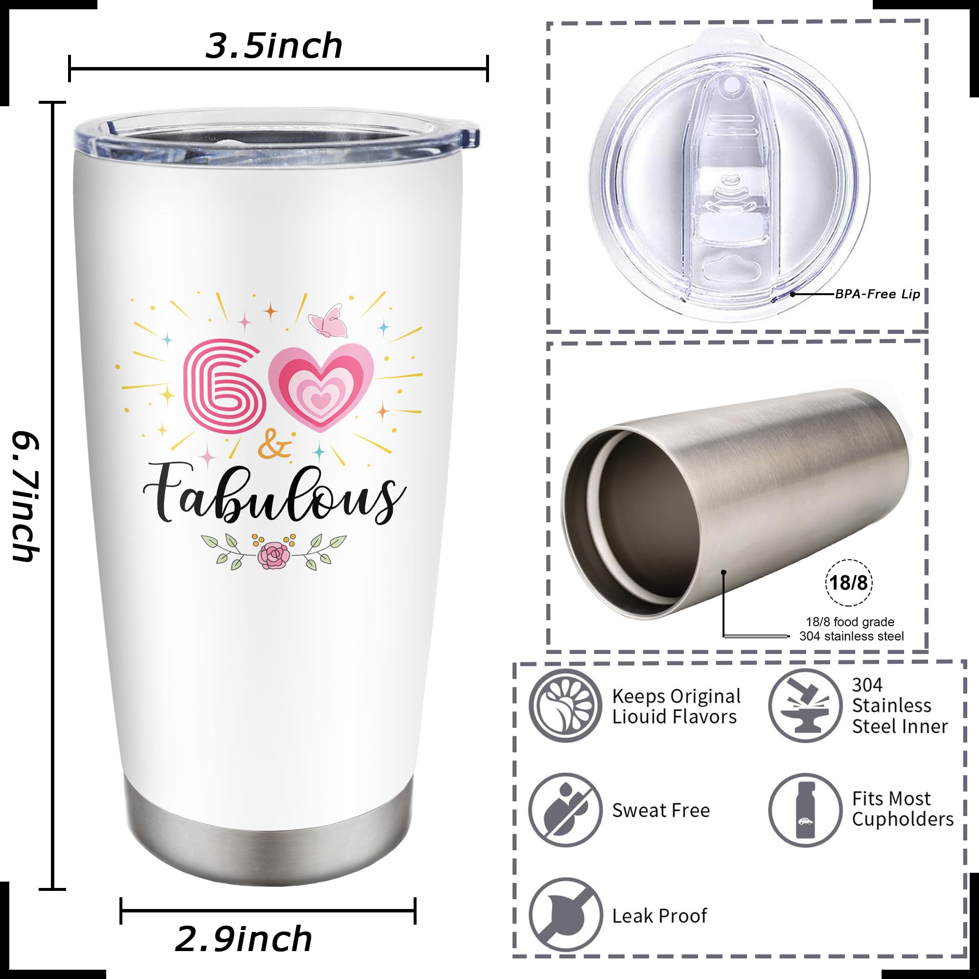 CVROY 60th Birthday Gifts for Women Tumbler 20OZ 1PC, 60th Birthday Decorations for Woman, 60 Year Old Birthday Gift, 60 Year Old Woman Present, Happy 60th Birthday for Her