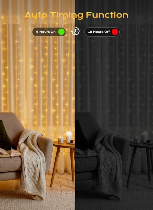 Brightown 300 LED Curtain Lights - 9.8 FT Fairy Lights with 8 Modes | Warm White for Bedroom & Party Decor