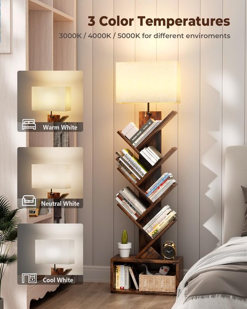 Evermagin 6 Tier Tree Bookshelf with Smart Light, Small Bookcase Tower with Remote Control, Tall Floor Standing Book Organizer for Living Room, Bedroom & Home Office, Rustic Brown
