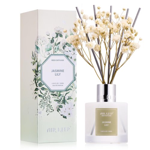Airkeep Reed Diffuser Set, 3.38 fl oz (100 ml) - Jasmine Lily Lemon Oil Diffusers with 8 Reed Sticks, Home Fragrance Reed Diffuser for Bathroom Shelf Decor