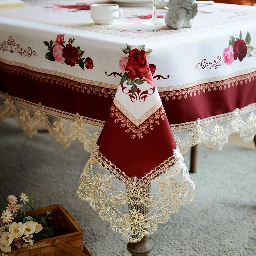 SUTAVIA Lace Embroidered Table Cloth,Rectangular Farmhouse TableCover,Classic Oblong Antique Flower Decor Macrame Tablecloth (Burgundy, Rectangle/Oblong,60 x 120 Inch,10-12 Seats)