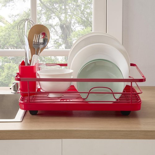 Dish Drying Rack 3 Piece Dish Drainer with Drainboard Set for Kitchen Counter ✅– Dish Rack with Removable Utensil Holder & Swivel Spout for Countertop ✅– DishRack for Plates, Cups & Organization, Red