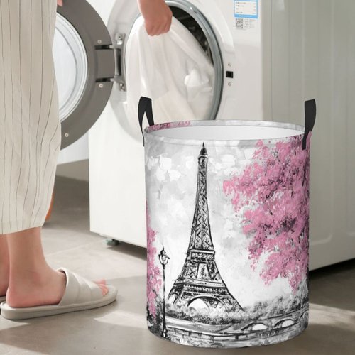 Gbuzozie 38l Round Laundry Hamper Retro Paris Eiffel Tower Storage Basket Waterproof Coating Organizer Bin For Nursery Clothes Toys