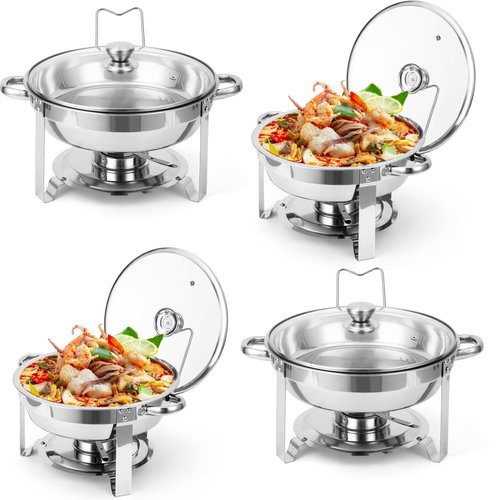 GarveeHome Chafing Dish Buffet Set 4 Pack 5 QT, Stainless Steel Round Chafing Dishes for Buffet with Lid Holder & Glass Lid, Buffet Servers and Warmers for Parties, Wedding, Camping, Dinner, Silver
