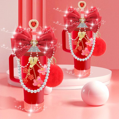 LBU Bling Stanley Cup Accessories for 40/30/20 oz Tumbler with Handle Including Glitter Bow Straw Topper, Heart Straw Cover, Water Bottle Handle Strap, Boot, Pom-Pom, Keychain Charms(Red)