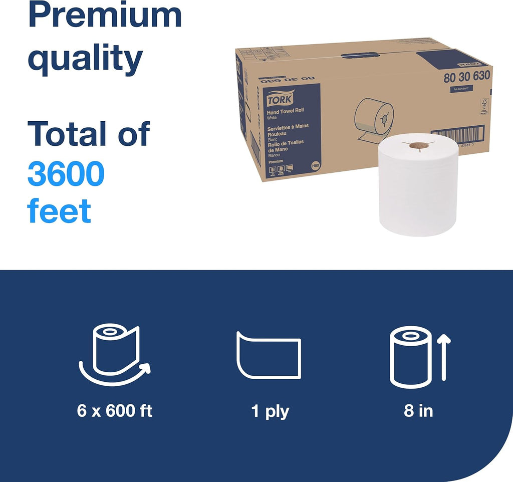 Tork Roll Hand Towels - Premium White Paper Towels | 6 Rolls (H80) for Superior Absorbency