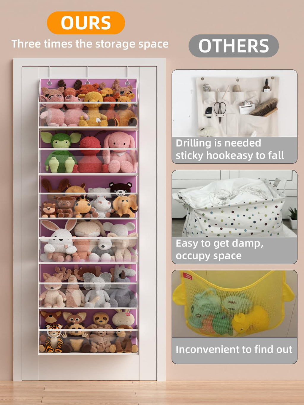 Wakaye Over the Door Organizes- 6 Tier Stuffed Animal Storage, Bathroom Organizers and Storage, Swing-proof Hanging Organizer for Toys/Nursery Newborn Baby Essential Stuff (Clear-pink)