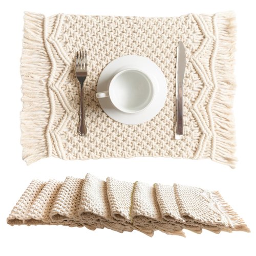 SnugLife Macrame Placemats Set of 8 - Handmade Cotton Woven Boho Placemats - Modern Farmhouse Fringe Placemats for Dining Table, Kitchen, Bohemian Wedding Décor, Rustic Natural Off White, 12”x20”