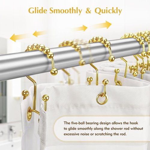 Upgraded 304 Stainless Steel Shower Curtain Hooks, 12-Pack Rust-Proof Heavy Duty Gold Shower Curtain Rings, Double Hook Glide Shower Hooks Rings, Bathroom Hardware Set